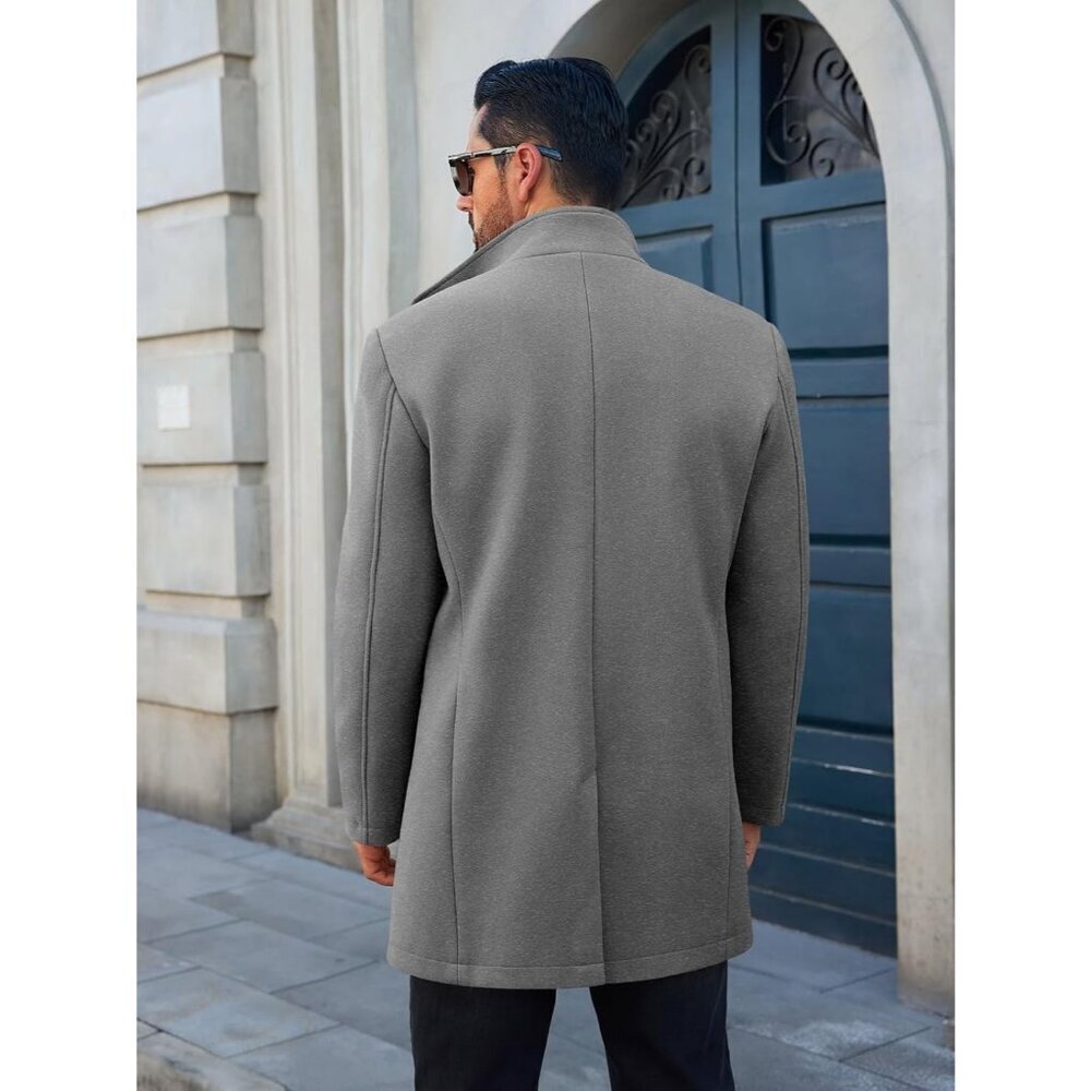 Men's Gray Pea Coats Single Breasted Stand Collar Casual Slim Fit Trench - Picture 3 of 5